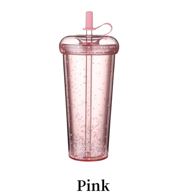 14.8oz Star Clear Tumbler With Straw Reusable Transparent Double-layer Water Bottle For Coffee Milk DIY Smoothie Cup Drink green