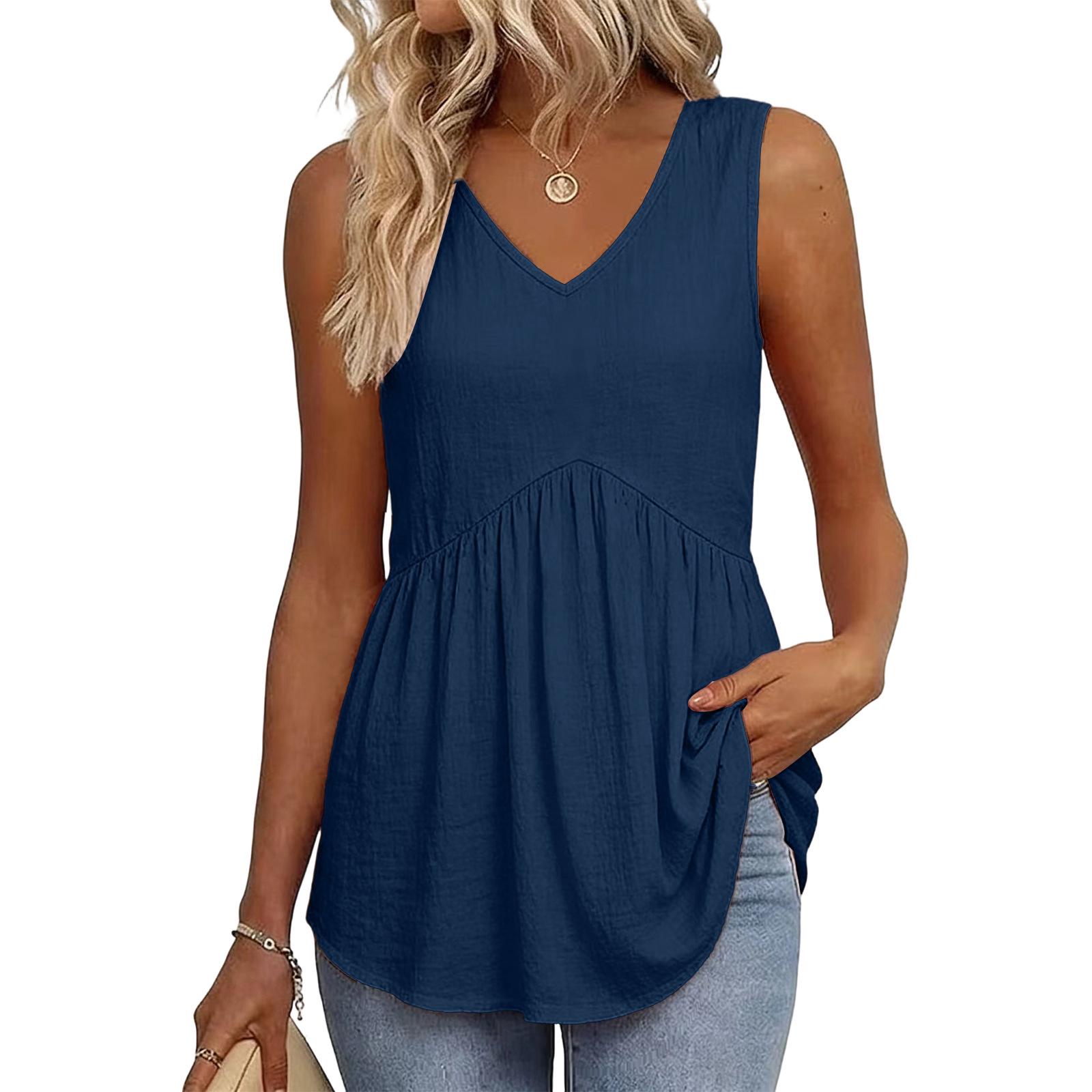 2026 Sleeveless Pleated Solid Color Cotton Linen Vest XL темно-синий