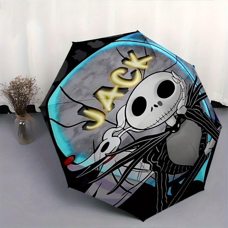 1 Ombrello Portatile Colorato con 8 stecche, Apertura Automatica, Tema Jack Skellington, Nightmare Before Christmas, per Uomo e Donna, Un Compagno Compatto per il Pendolarismo