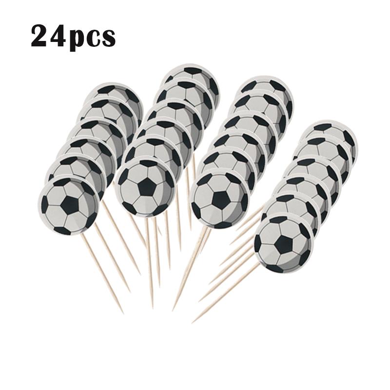 24 Stück/Packung Jungen Gastgeschenke Fußball-Thema Tortenaufsatz Happy Birthday Party Fußball Cupcake-Aufsätze mit Stäbchen Dekorieren Kuchen Topper
