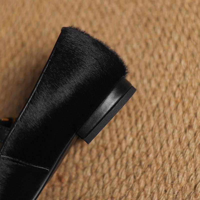 Fashion New women's genuine leather, cowhide, horsehair, square head metal belt buckle, low heel, plus size Mary Jane shoes, single shoe