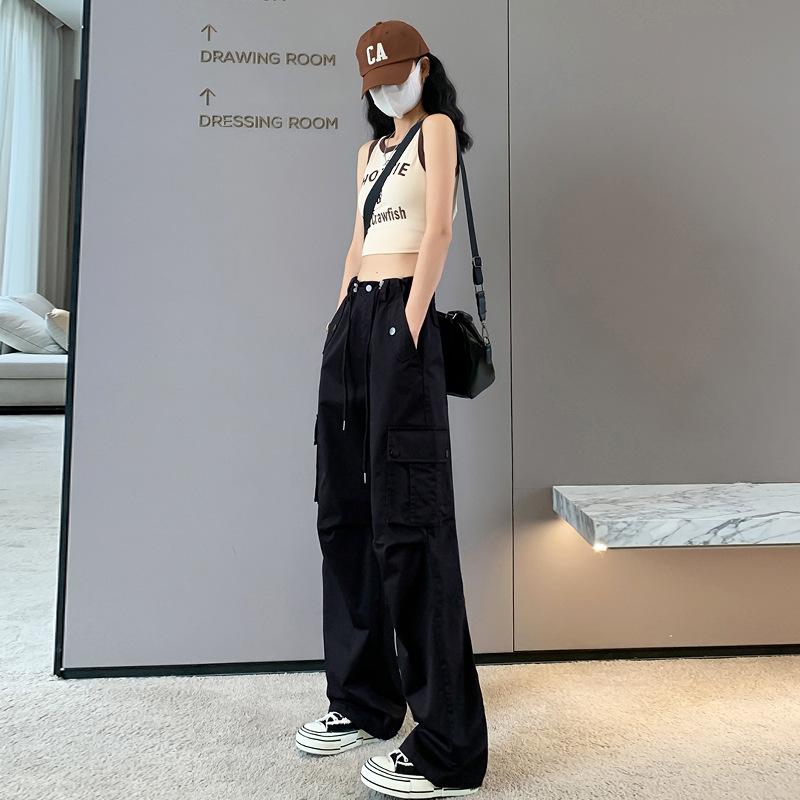 FiveFive Y2K Drawstring Cargo Parachute Pants Women Harajuku Streetwear Oversize Wide Leg Straight Trousers Female Pockets