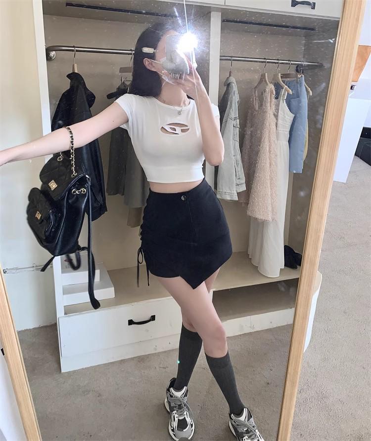 Black Irregular A-line Mini Skirt - Women's 2024 High-Waist Slimming Half Skirt