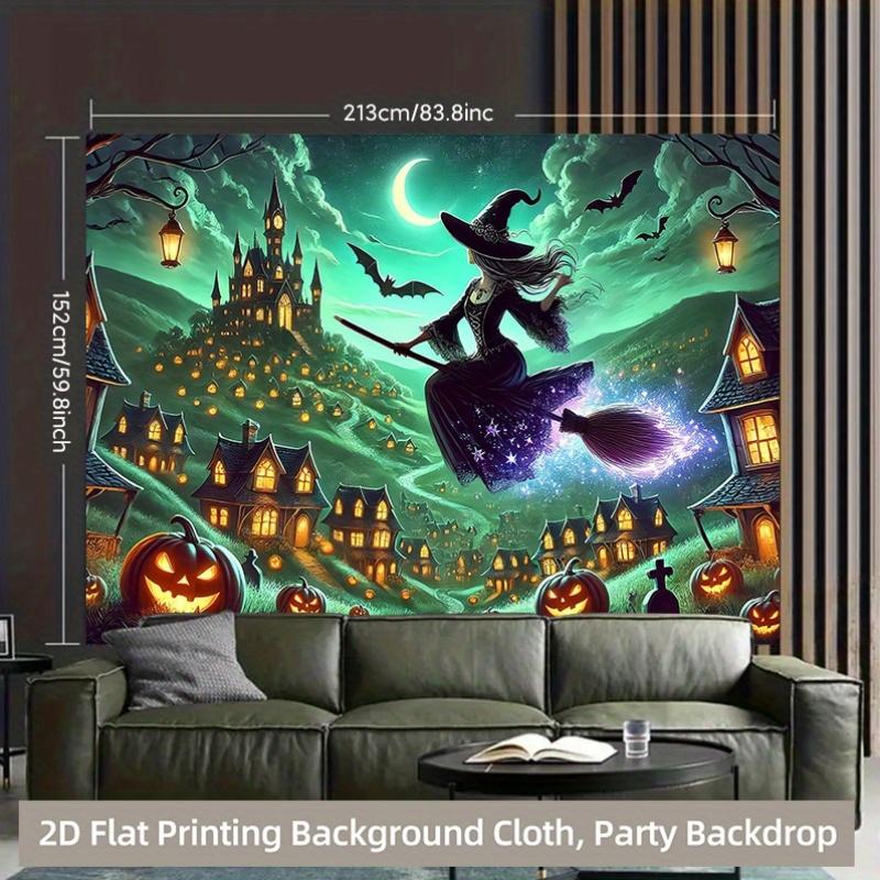 1 Piece of 2D Background Fabric, a Vibrant Polyester Background Fabric with a Pumpkin Fairy Riding a Broom and Flying.zy
