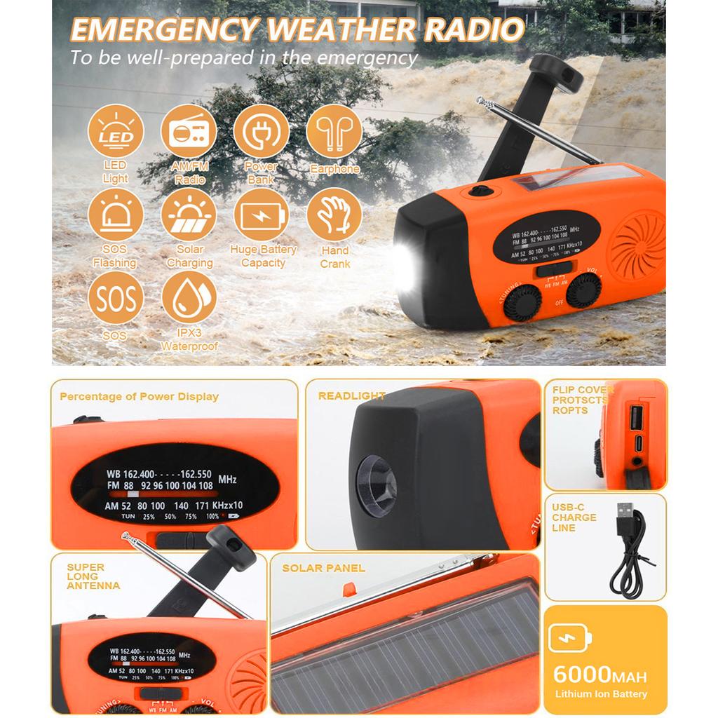 Portable Emergency Radio Emergency Weather Radio AM FM WB Solar Hand Crank Portable Radio with LED Flashlight 6000mAh Battery