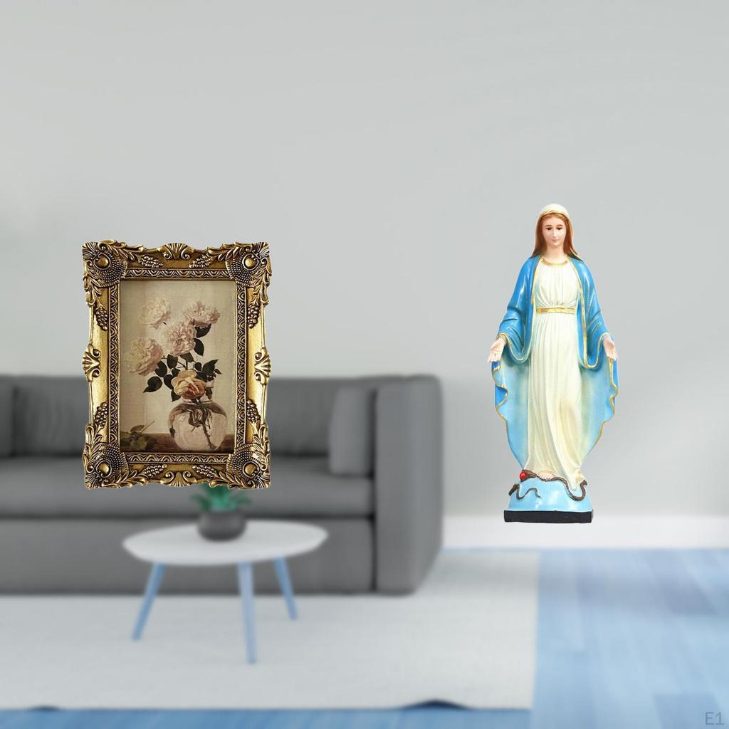 Vintage Resin Photo Frame with Ornate Lady of Figurine Mary Statue Religious Jesus Ornament for