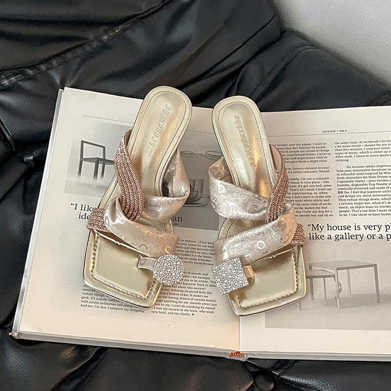 Cross-strap women's square head slippers outer wear summer new Internet celebrities popular temperament versatile open-toed high-heeled cool slippers