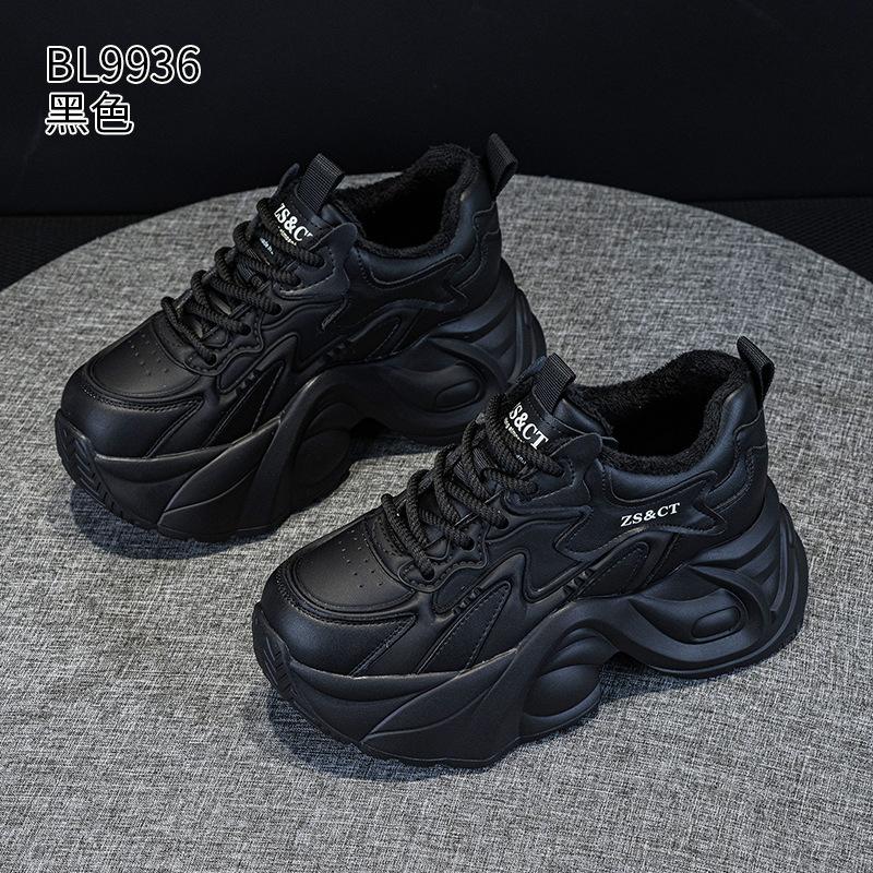 Leather platform dad shoes autumn and winter new velvet to show small feet and increase height casual sports shoes