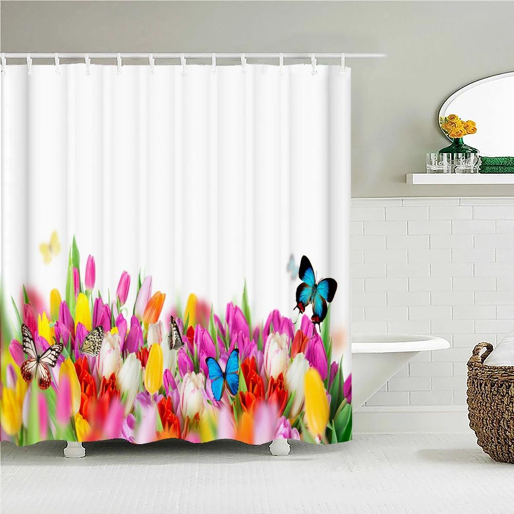 Colorful Tulip Flowers Shower Curtains 3D Beautiful Flower Print Bath Curtain Waterproof Fabric With Hooks Bathroom Decoration