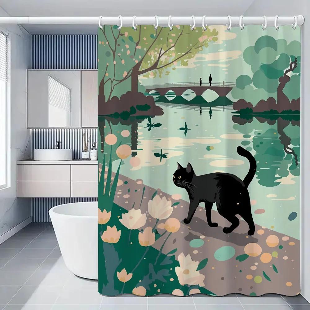 Black Cat Shower Curtains for Bathroom Showers Bath Folding Partition Curtain Accessories Bedrooms Waterproof Fabric Things the