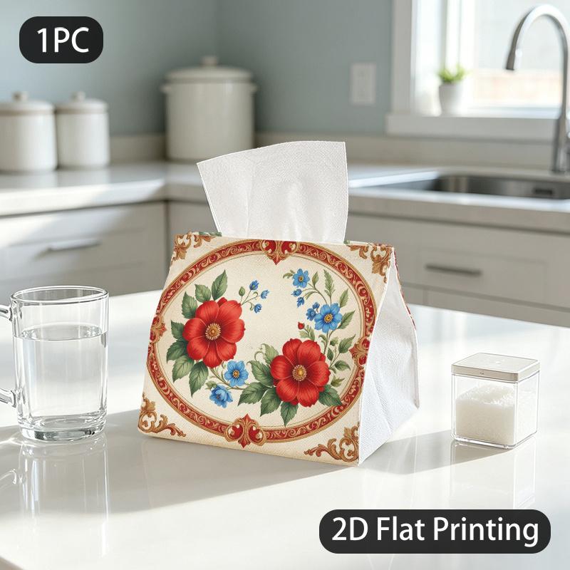 1pc Tissue Box, BAROQUE RED BLUE FLORAL ELEGANT ORNATE Pattern, 2D Flat Printing, Lightweight, Foldable, Tissue Bag, for Daily Use