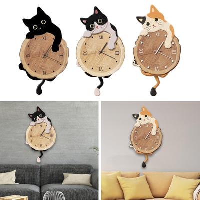 Cat Wall Clock with Pendulum Tail,Cute,Wall Ornament Silent Decorative for Indoor Living Room Kitchen Dining Room