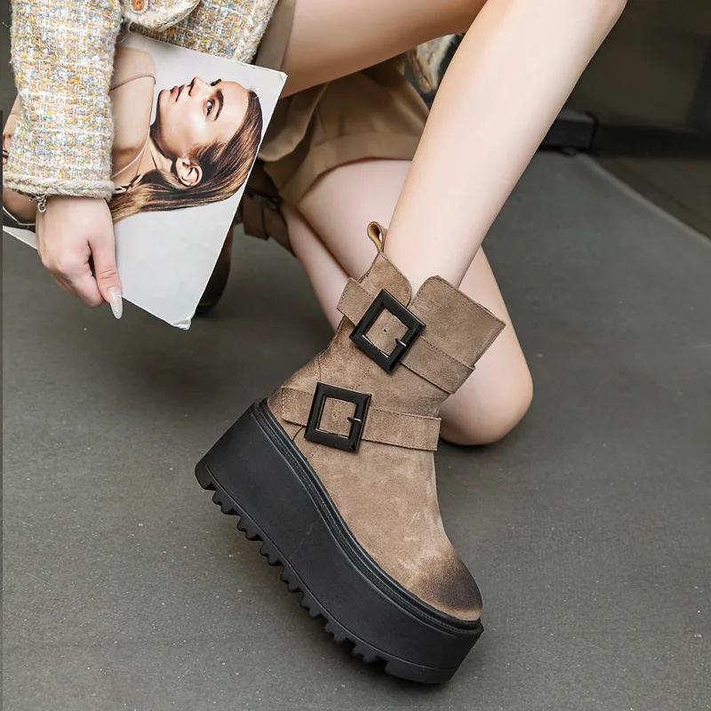 

8см Повна замша з коров ячої шкіри На щиколотці з натуральної шкіри для жінок Мотоциклетні панк черевички Взуття Платформа Клин Підбори Весна Жіночі Чоботи 33