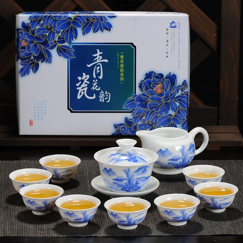 Kung Fu čajová souprava keramický čajový šálek bílý porcelán celá sada modrobílý čajový šálek víčko miska čajová souprava