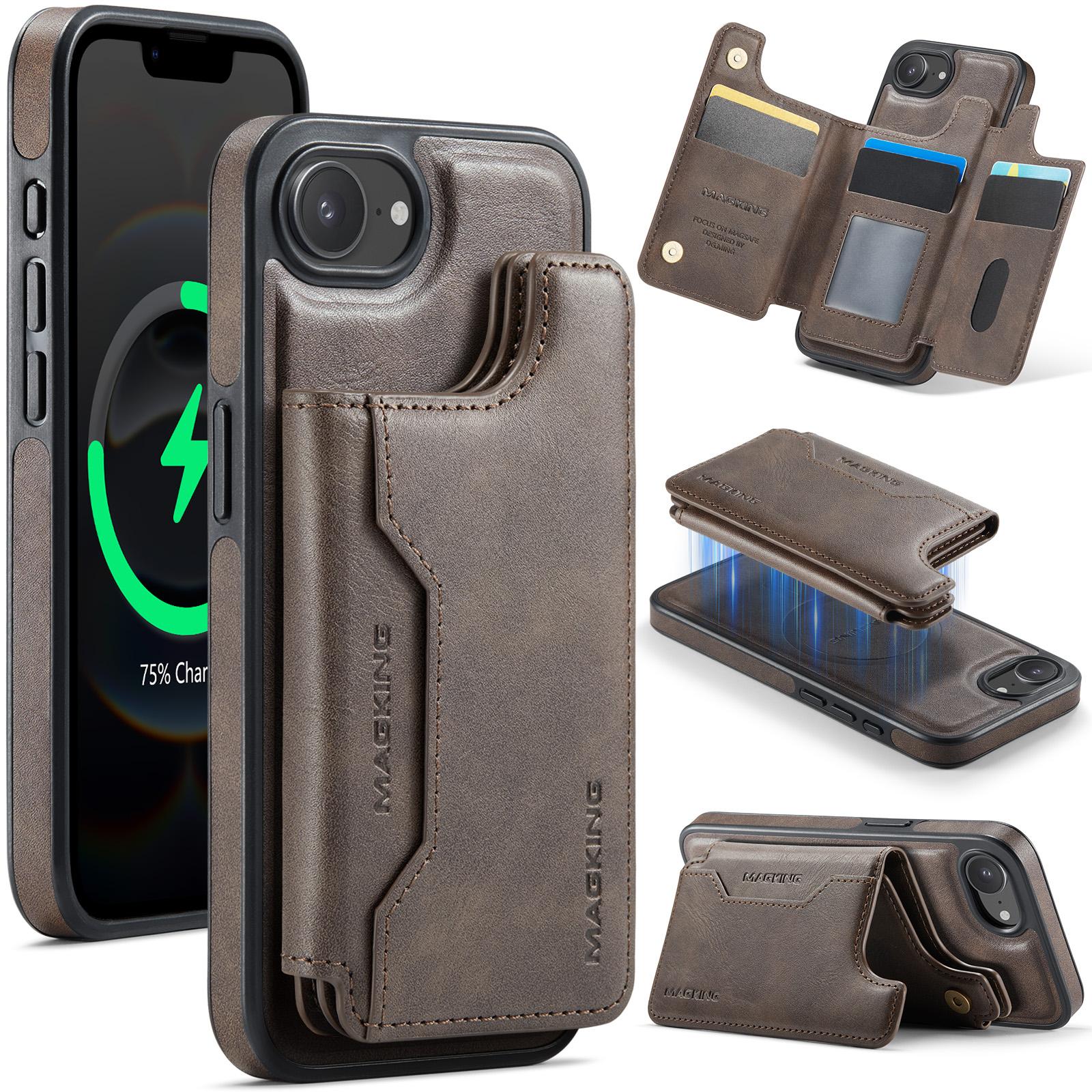 

MAGKING K3 Series For iPhone 16e Case Compatible with MagSafe Wallet PC+TPU+PU Phone Cover Coffee