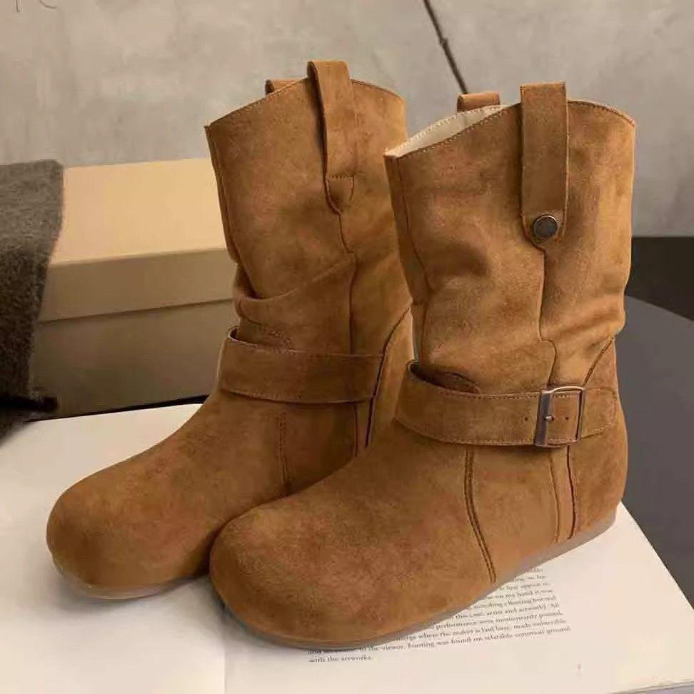 

Women s 2025 New Autumn Suede Ankle Boots with Height Increase, Thick Sole, and Mid-Calf Martin Style 40