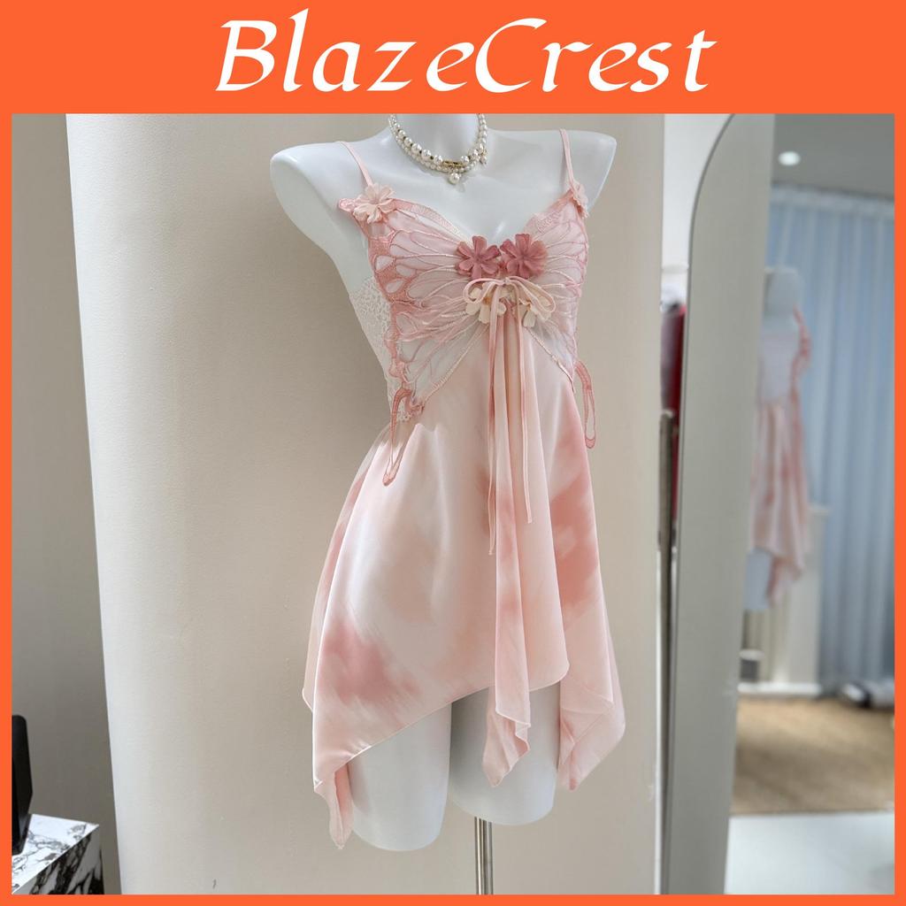 Butterfly Print Ice Silk Nightgown With Breathable Fabric For Summer Sleepwear