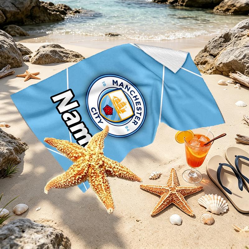 Custom Name Personalized Manchester City FC Print Beach Towel, for Trip Camping Beach Party Home Decor, Birthday Gift for Family & Friends