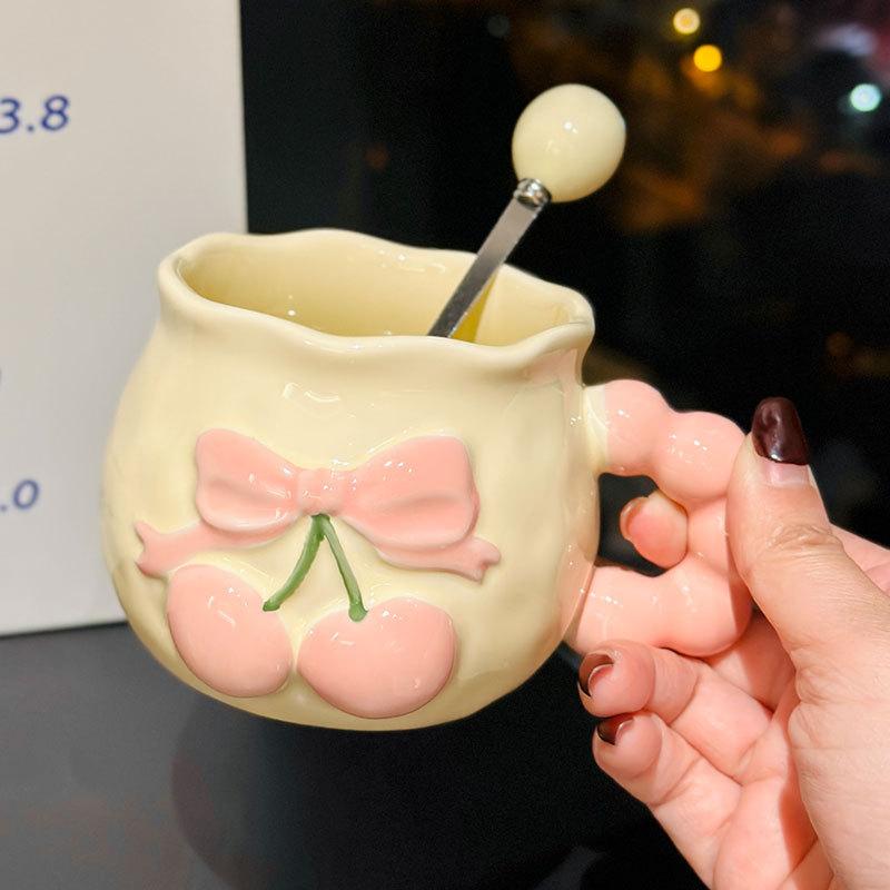 Vintage Relief Cherry Ceramic Mug With Spoon Pink Girlish Heart Office Coffee Cup Underglaze Color Souvenir
