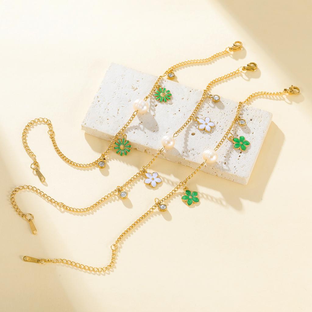 Cazador Enamel Flower Plumeria Imitation Pearl Charms Bracelet Gold Color Women's Bracelet Stainless Steel Jewelry Gift 2026