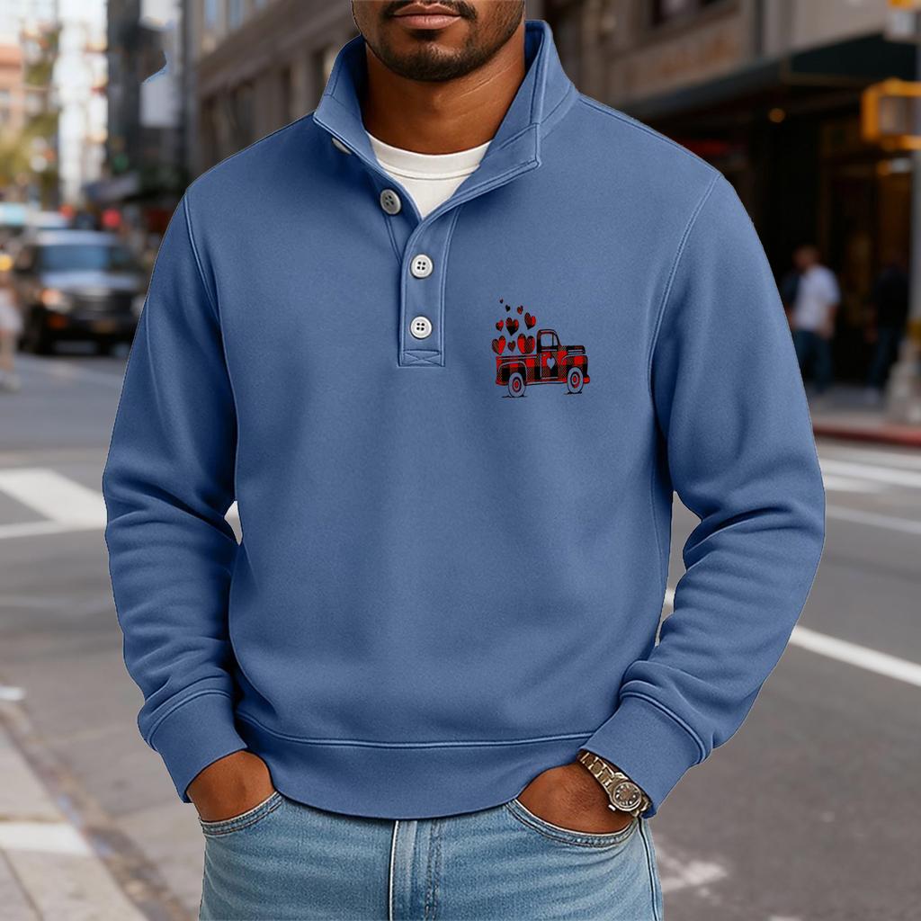 Men's Casual Stand-Up Collar Long-Sleeve Top Print Button-Down Sweatshirt