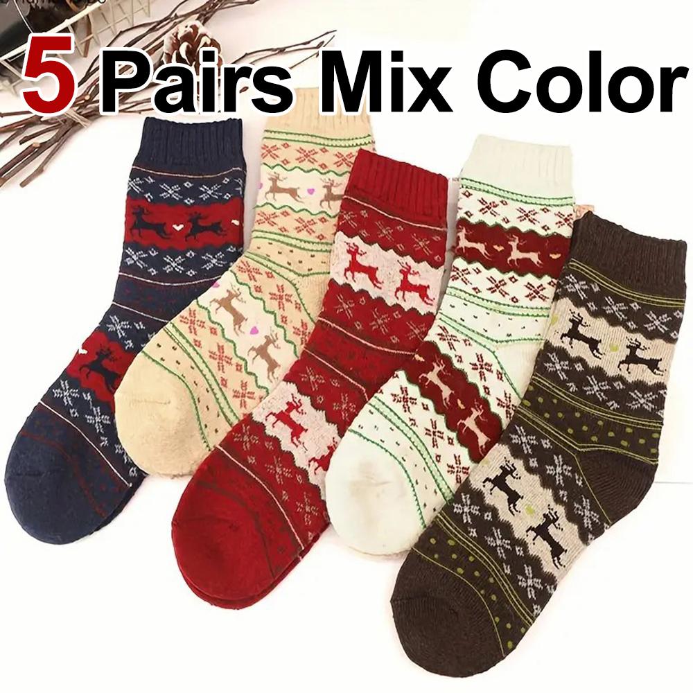 5/10 Pairs Autumn/Winter Thick Reindeer Printed Women Mid Tube Socks Warm Comfortable Suitable as Christmas Gifts Casual Socks