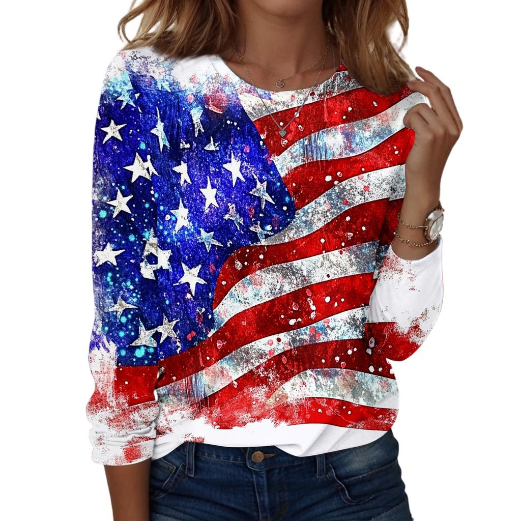 Women’s Casual Long Sleeve Crewneck Top with Independence Day Flag and Floral Print Loose Fit Comfortable Pullover Shirt