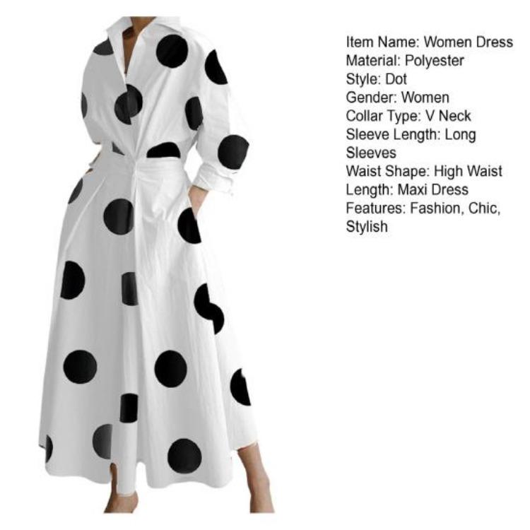 Boho Polka Dots Print Womens Wrap Shirt Dress Long Sleeve Maxi V Neck Swing Dress Lapel Collar Long Dress