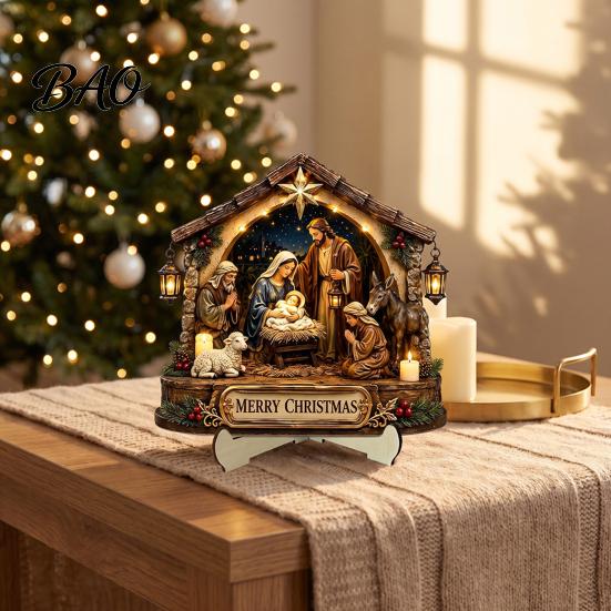 Christmas Manger Tabletop Ornaments Nativity Scene Wooden Sign, Holy Family Figurine Decor, Handcrafted Wood Figurines Religious Xmas Desktop