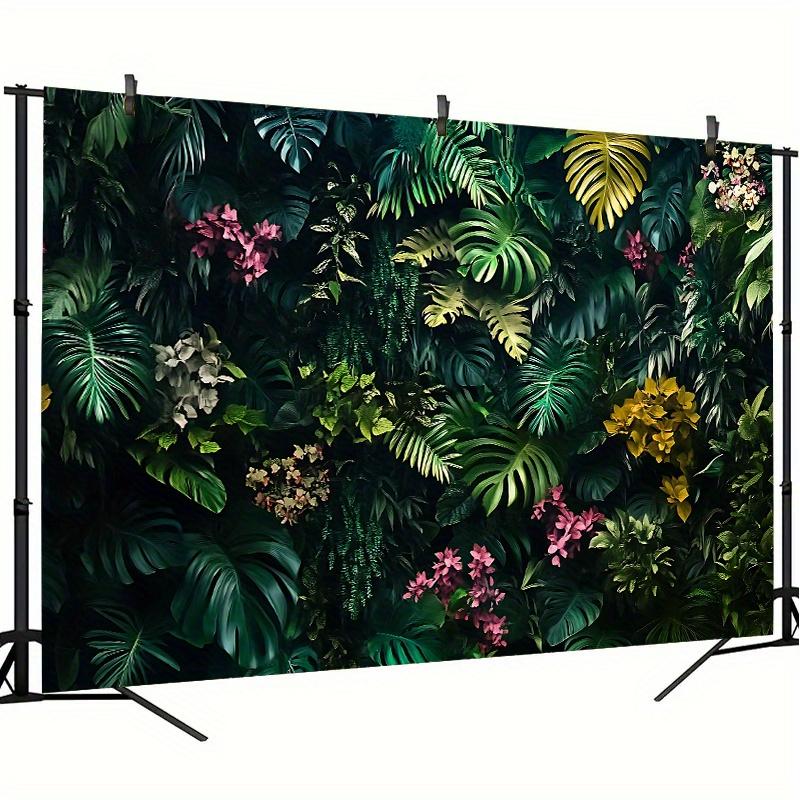 1 Vivid Tropical Plant Wall Background: Lush Green Leaves and Colorful Flower Banners
