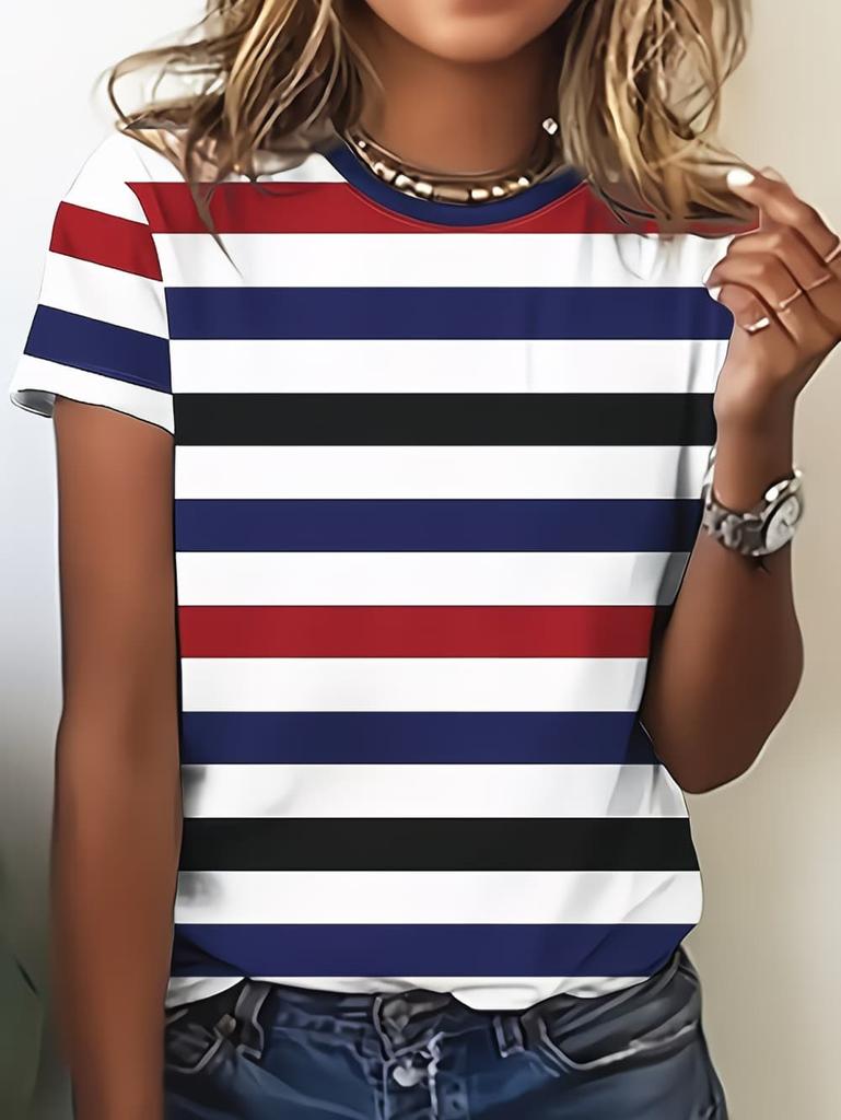 Women's Contrasting Striped Printed T-Shirt Round Neck Loose Short Sleeved Fashion Simple Commuting Top Y2k Tee Woman Clothing