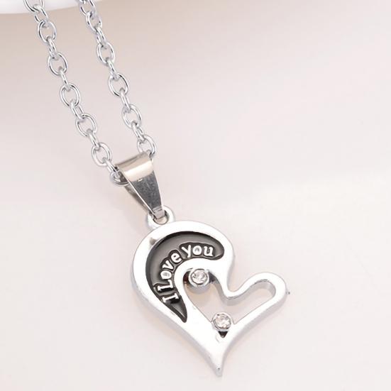 1 Pair Couple Necklace I Love You Rhinestone Inlaid Unisex Heart Shape Pendant Lover Necklace for Anniversary