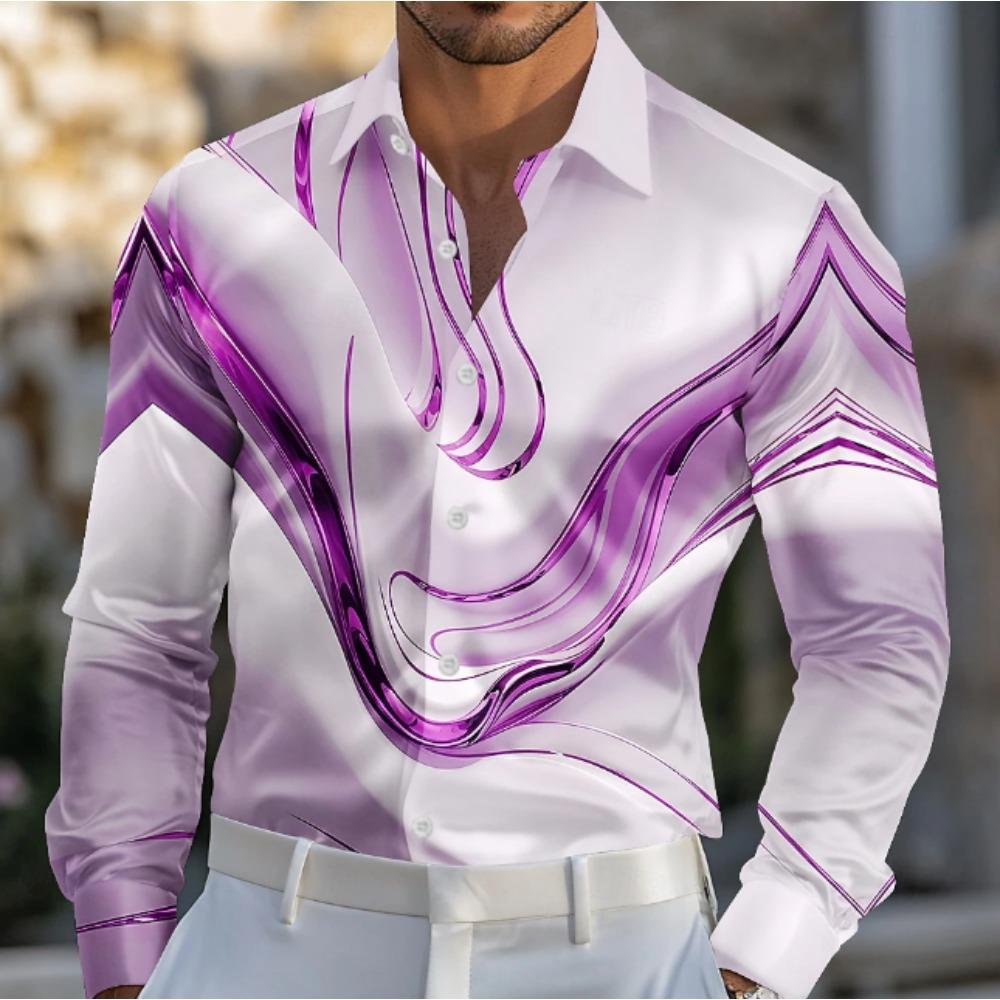 Men's Geometric Line Printed Long Sleeve Shirts Casual Cardigan New Button Holiday Fashion Shirts