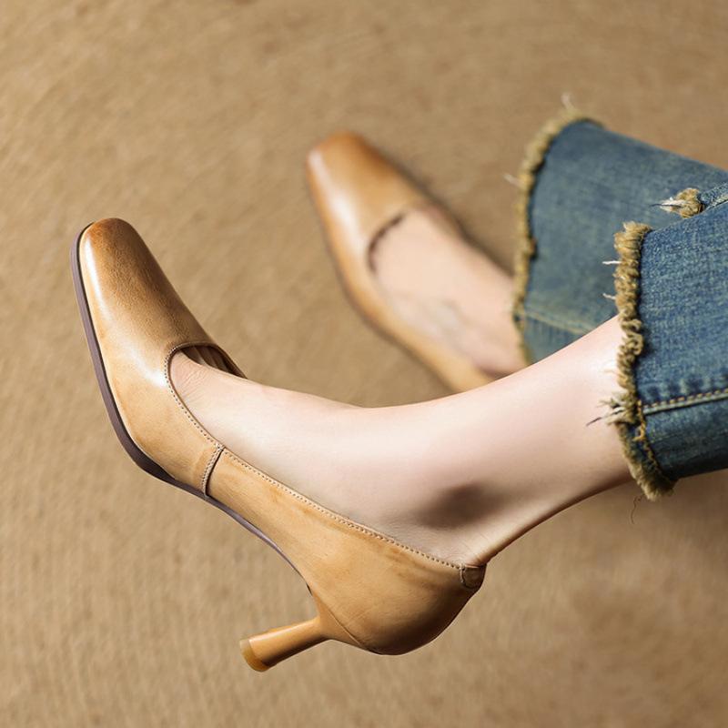 New Leather Women's Single Shoes, Comfortable Square Head, Four-season Wear Women's Shoes, High Heels, Small Leather Shoes, Thin Heels, Beef Tendon