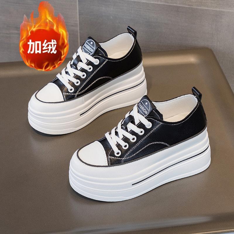 

New breathable leather inner heightening thick-soled low-top women s shoes lace-up single-sided muffin delicate 8 cm little white shoes women 32