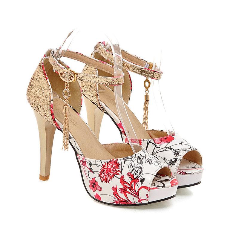 Women Summer Flower Print Shoes Fish Mouth High Heel Ladys Platform Sandals Evening Dress Wedding Shoes Femal Zapatos De Mujer
