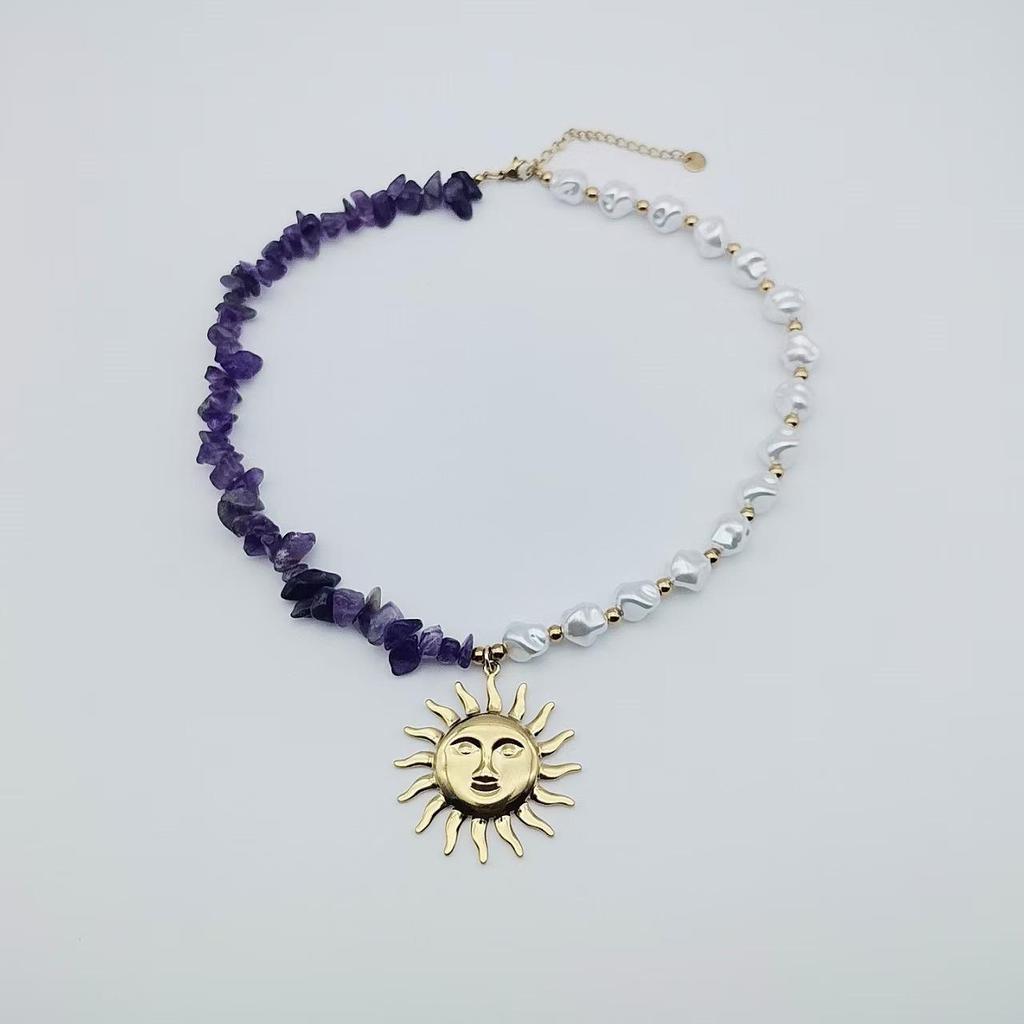 Bohemian Pearl Chip Beaded Sunflower Choker Necklace in Two-Tone Stainless Steel