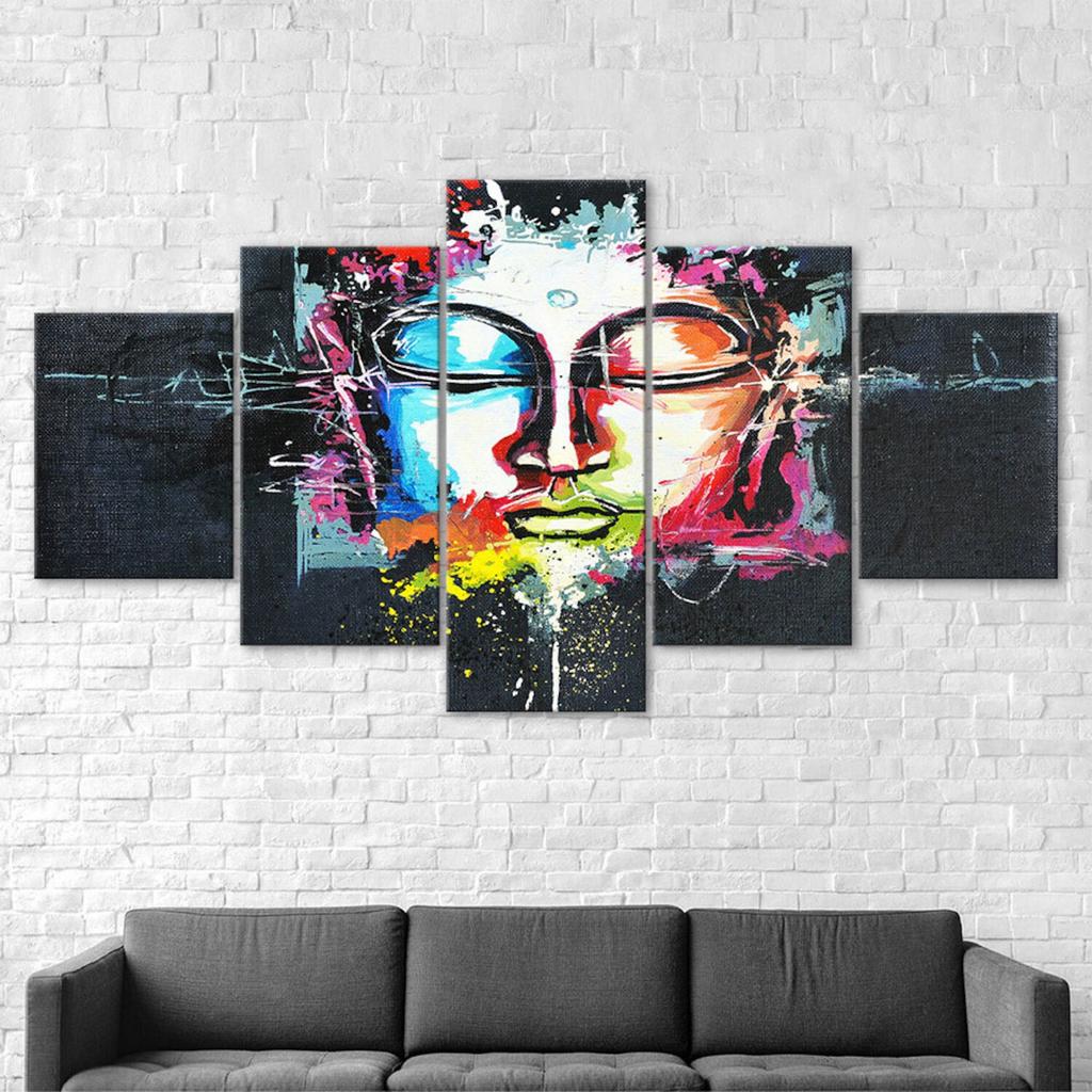 Abstract Colorful Buddha Face 5 Piece Five Panel Wall Canvas Print Modern Art Poster Picture Home Decor Gift For Him Her