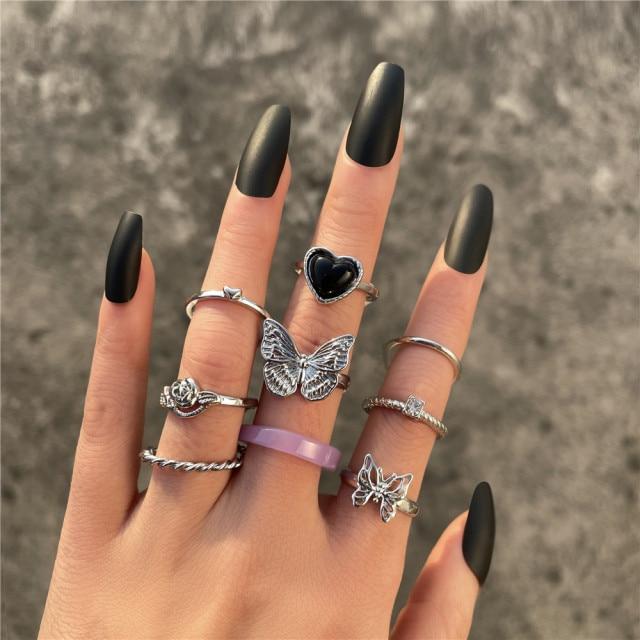 6pcs Vintage Gothic Butterfly Angle Flower Multi Element Ring Set For Women Men Retro Personality Finger Ring Gifts