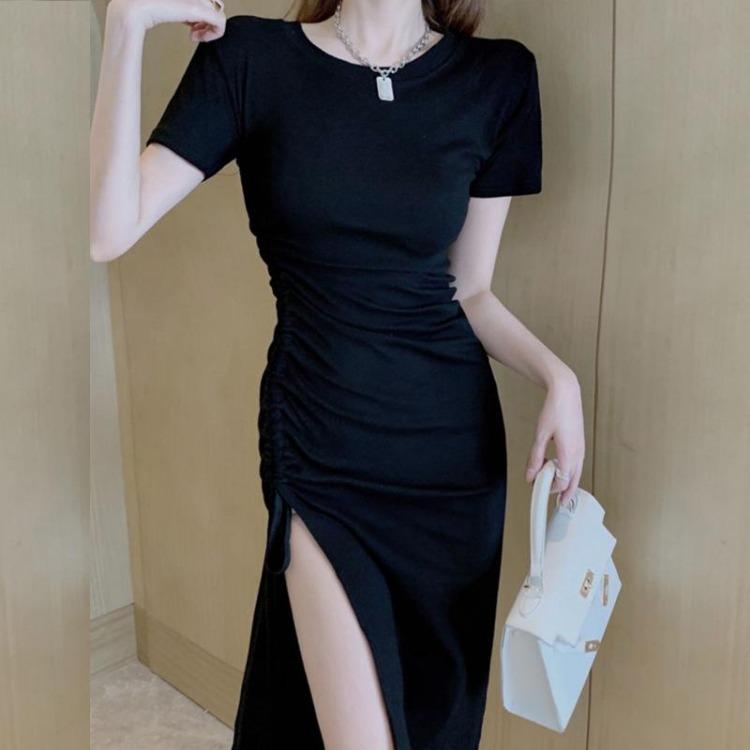 Sexy Summer Slit Dress Women Long Dress Midlength Slimming Short Sleeve Drawstring