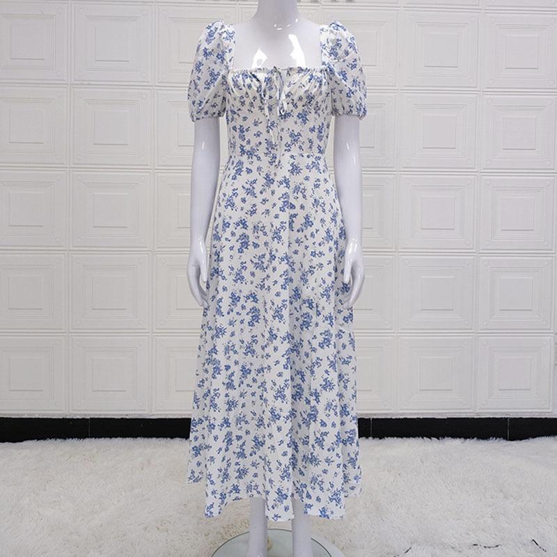 Summer Woman's Retro Elegent Suquare Neck Puff Sleeve Floral Print Maxi Dress Partywear SweetClub Dress