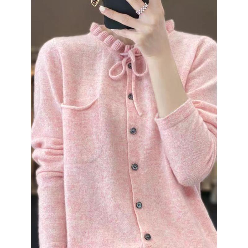 

Autumn and winter new fungus edge round neck knitted cardigan sweater women s soft waxy fashion casual versatile and thin top
