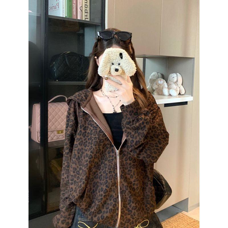 Y2K Leopard Print Hooded Jacket Women Full Zip Drawstring Hood Long Sleeve Loose Fit Streetwear Street Ladies Outerwear