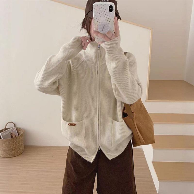 

Кардиган вязаный на двойной молнии со стойкой для женщин, новинка осени и зимы, свободный и универсальный, в ленивом повседневном стиле, куртка-свитер для женщин One Size