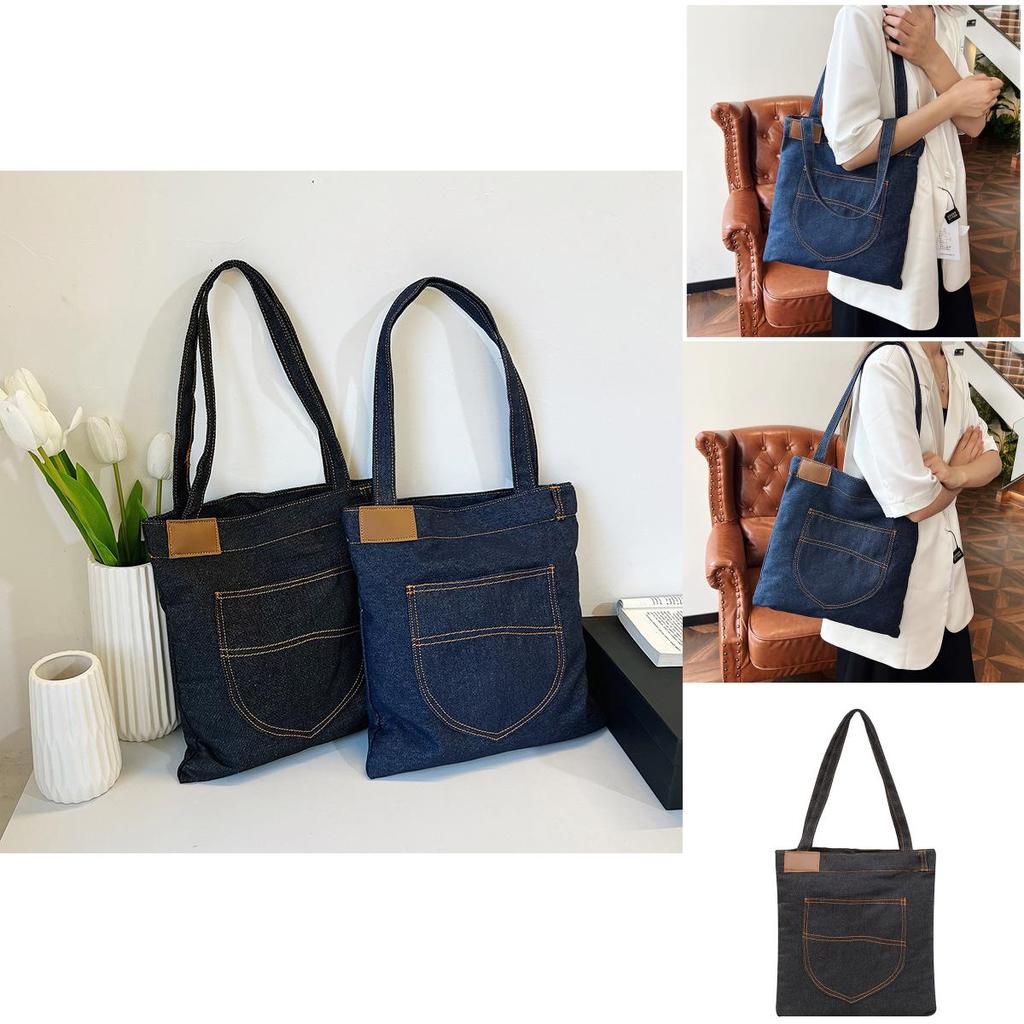 Denim Single Shoulder Bag Medium Square Style With Stitching For Casual Outings