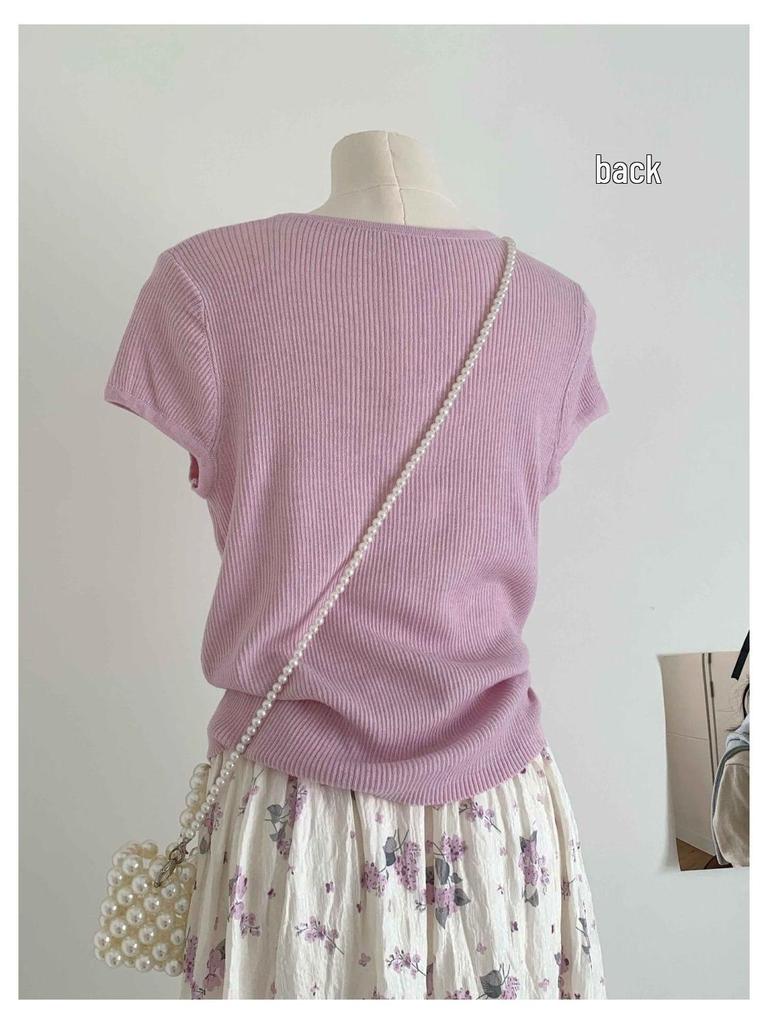 Purple Floral Knit Two-Piece: Short Sleeve Top & Elastic Long Skirt (Summer 2026 Collection)
