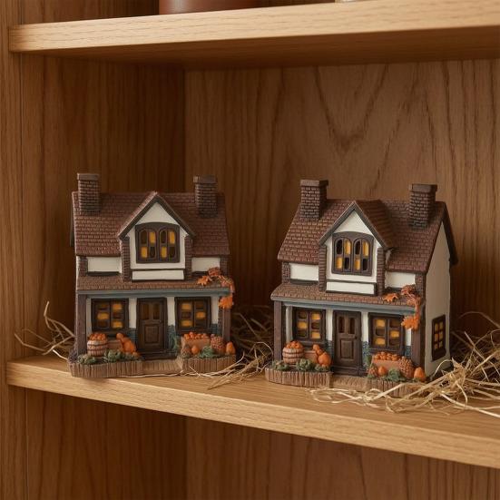 Kürbishaus Miniatur, Harz Herbsternte Dekoration mit handgeschnitzter Kacheltextur und Kürbisdetails, Retro Britisches Holzhaus für Halloween
