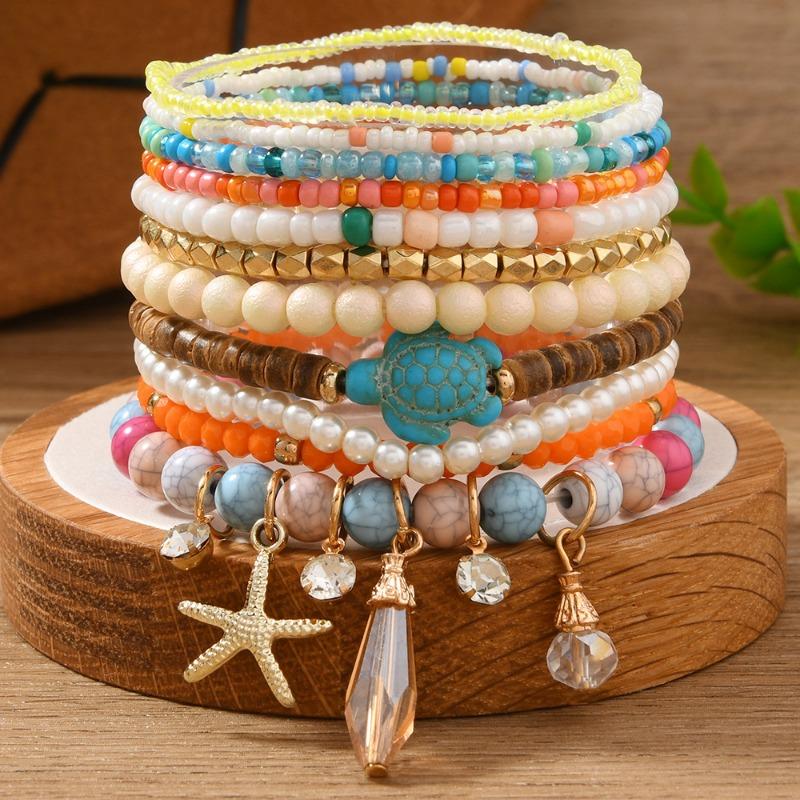 11 Accessories Colored Beaded Flowers Pearl Turquoise Stacked Bracelets Sweet Fashion Jewelry