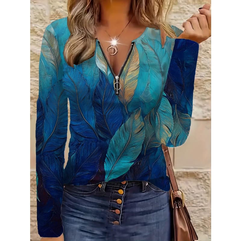Women's Creative Printed Zipper Long-sleeved T-shirt, Breathable, Soft and Comfortable, Suitable for All-year-round Casual Wear