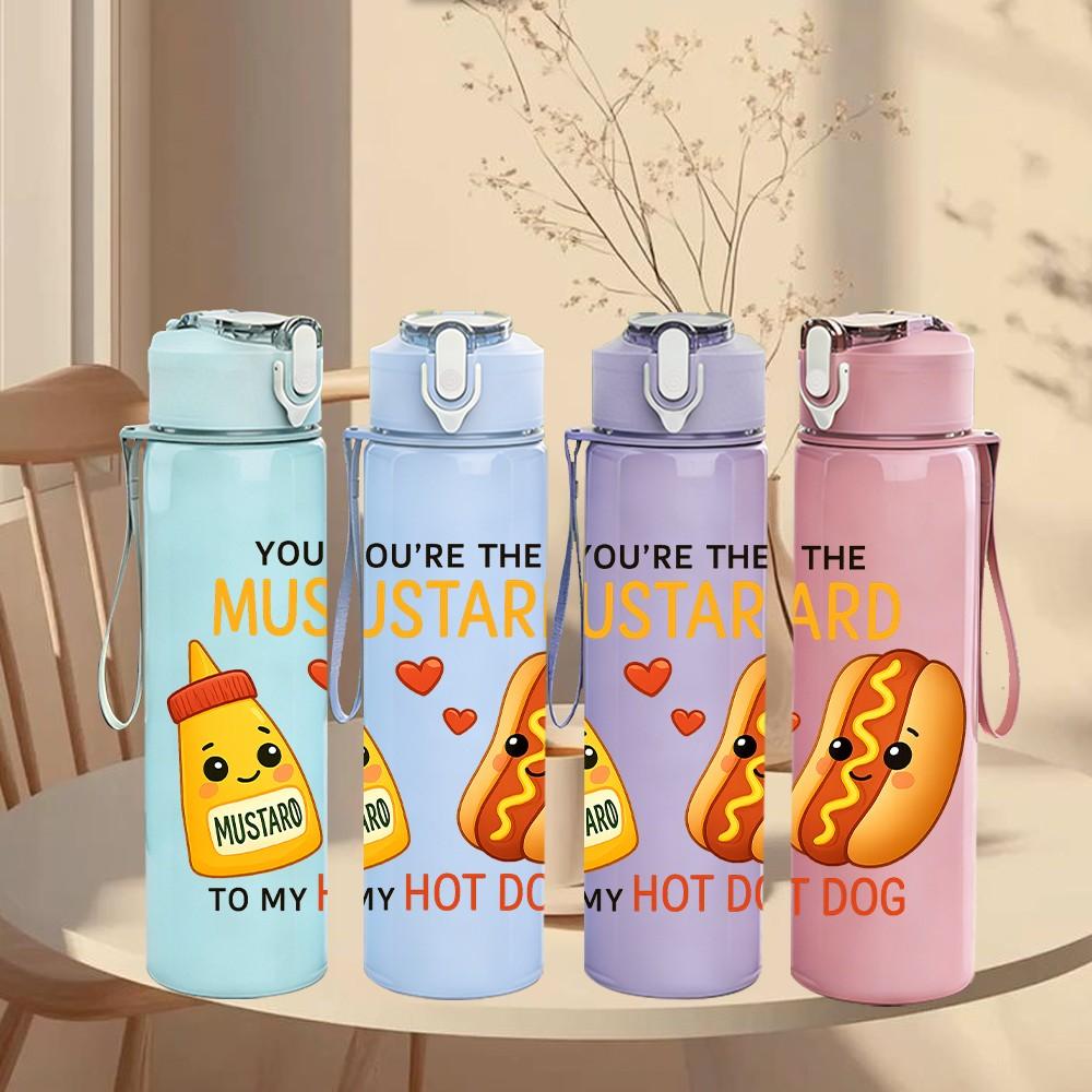 1PC Mustard Hot Dog Funny Text 750ml Color Plastic Sports Water Bottle Leakproof Flip Straw Lid Suitable for Sports Office Home Use